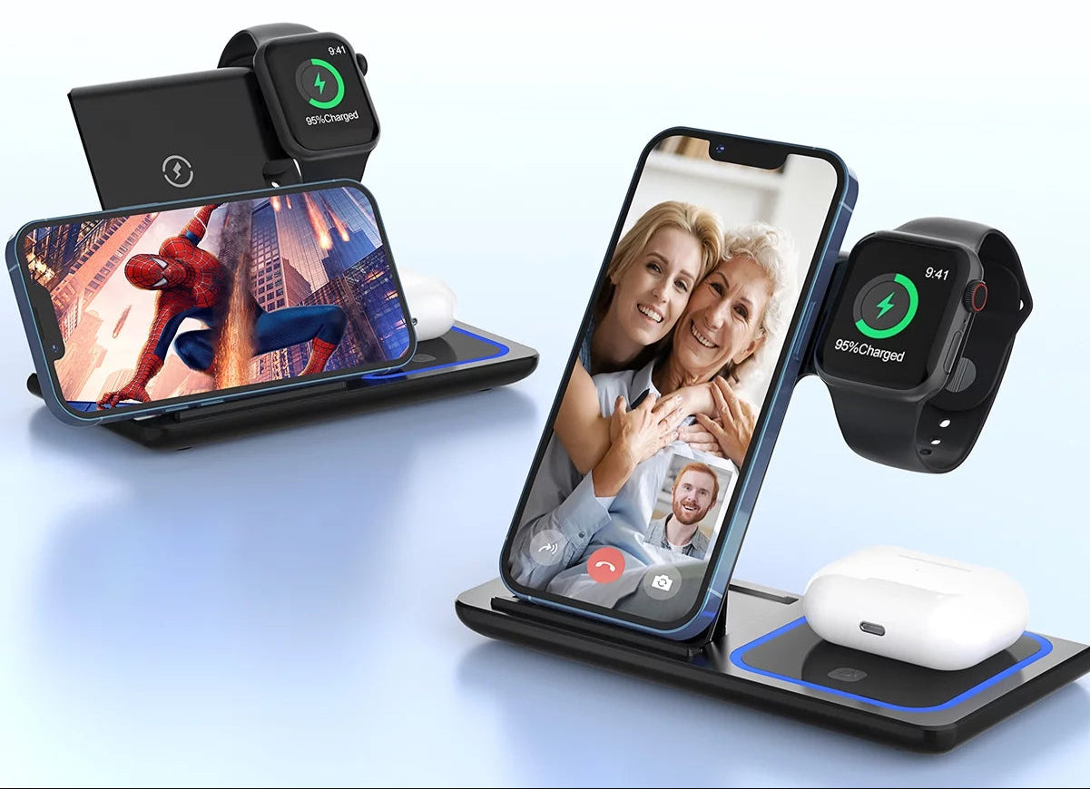 Wireless Charger, 18W Fast Iphone Charging Station for Iphone 16/15/14/13/12 /11/Pro Max/Plus, 3 in 1 Wireless Charging Stand for Iwatch Series SE 10/9/8/7/6/5/4/3, Airpods Pro/3/2 (W/ QC3.0 Adapter)