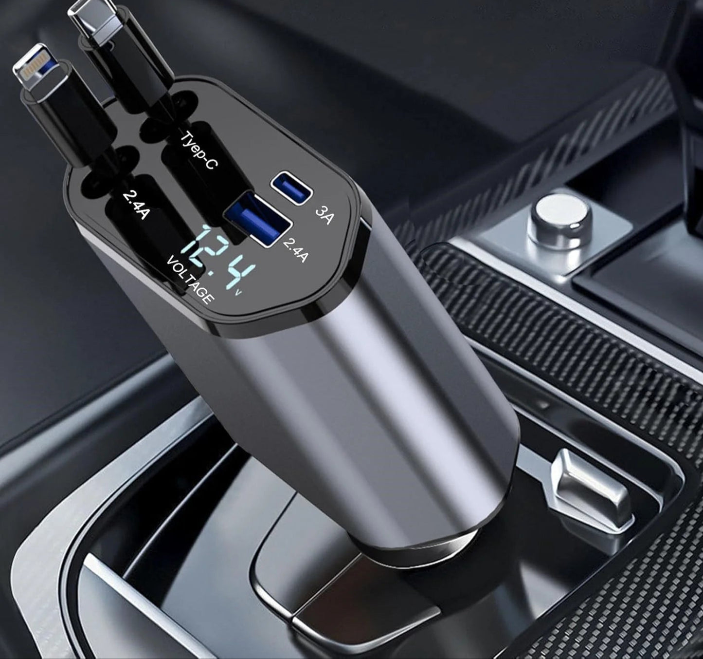 4 in 1 Retractable Car Charger, 100W Fast Car Phone Charger with Iphone and Type C Cable and 2 Charging Ports Car Charger Adapter